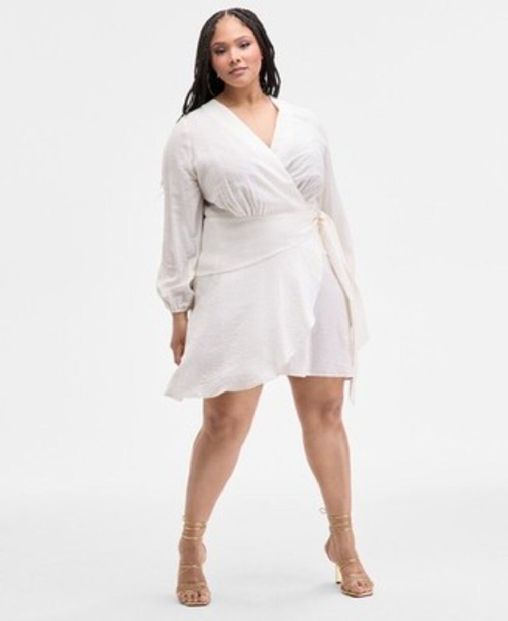 Nina Parker Trendy Plus Size Crinkle Texture Wrap Dress Women's 1X Ivory
